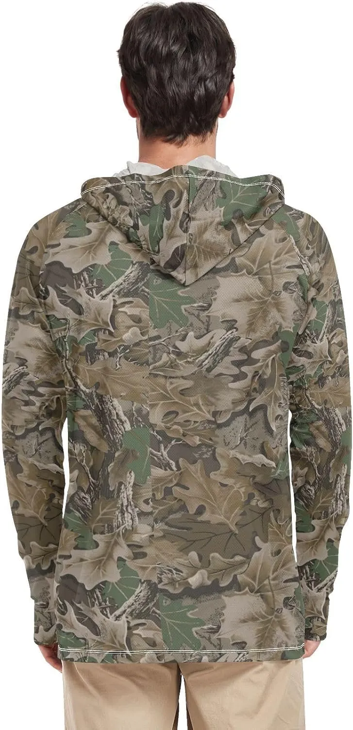 Men Sun Protection Hoodies Long Sleeve Wood Camouflage UPF 50   Sun Shirt with Hood Sailing Rash Guard Men UV Rash