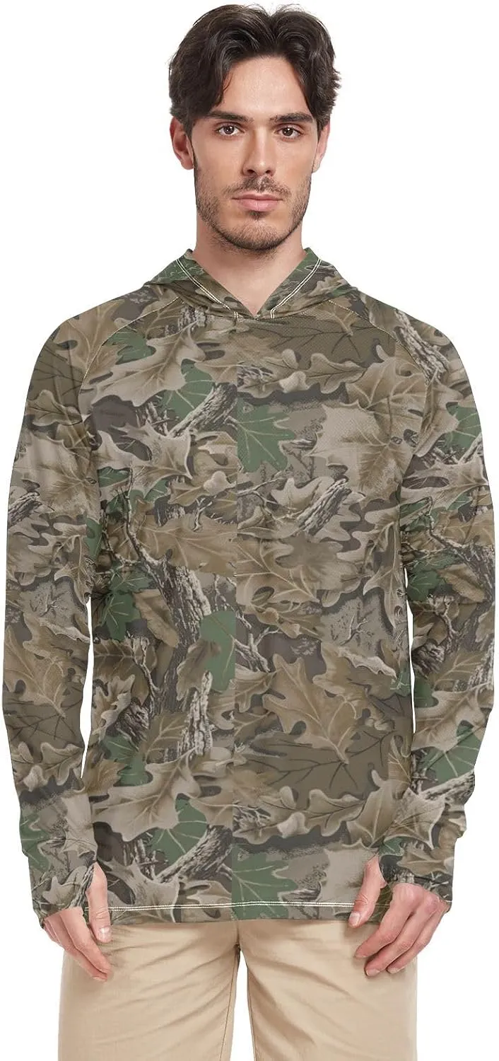 Men Sun Protection Hoodies Long Sleeve Wood Camouflage UPF 50   Sun Shirt with Hood Sailing Rash Guard Men UV Rash