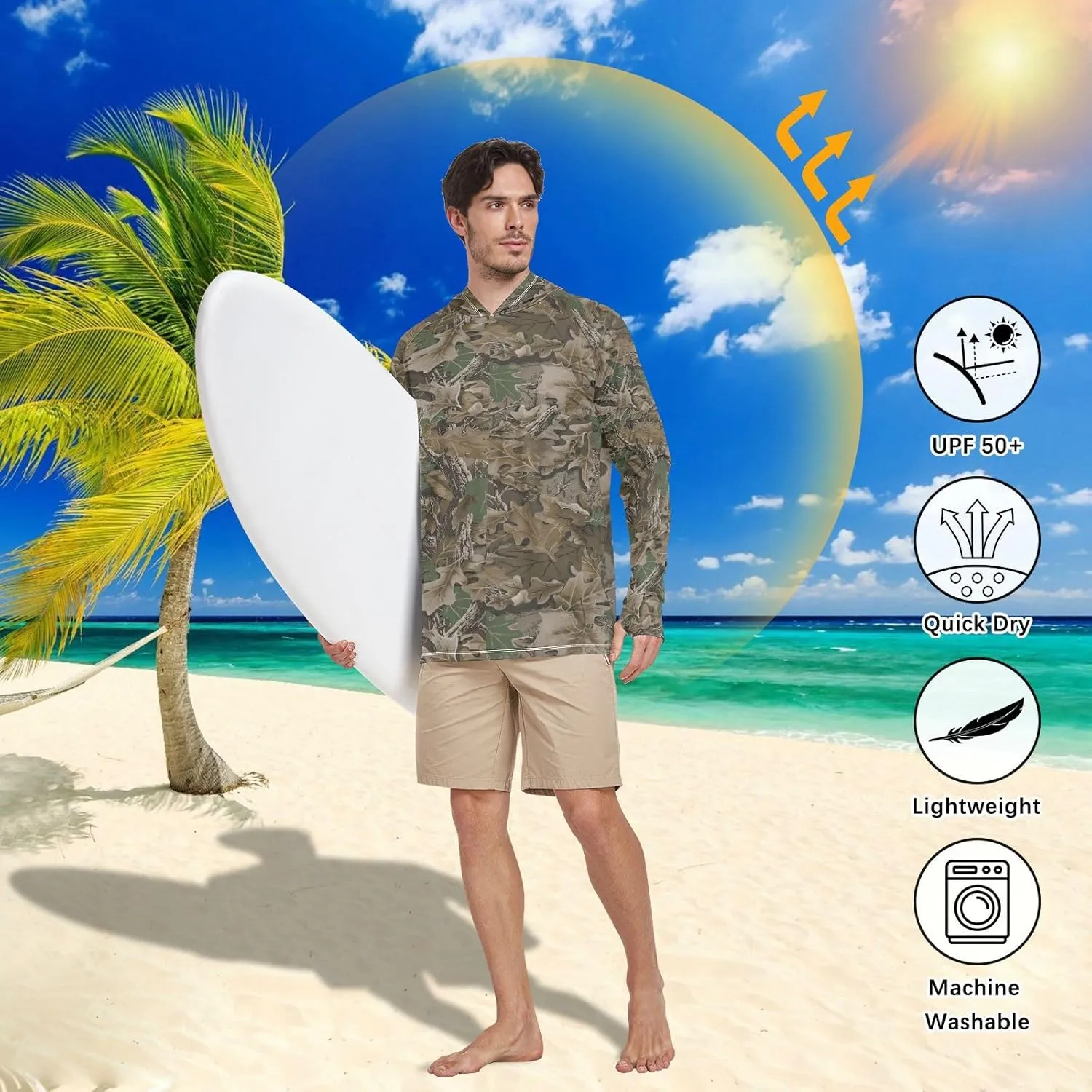 Men Sun Protection Hoodies Long Sleeve Wood Camouflage UPF 50   Sun Shirt with Hood Sailing Rash Guard Men UV Rash