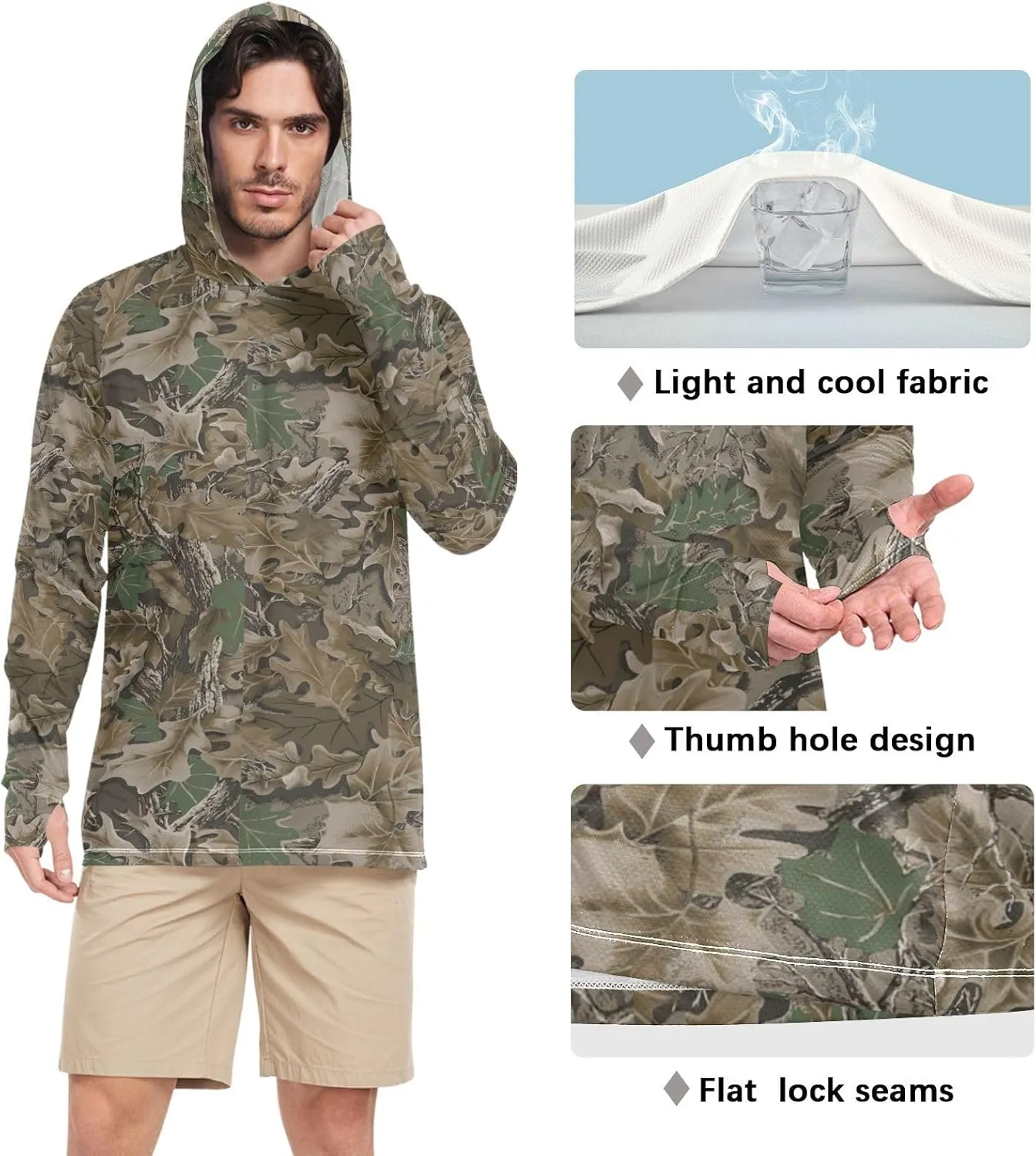 Men Sun Protection Hoodies Long Sleeve Wood Camouflage UPF 50   Sun Shirt with Hood Sailing Rash Guard Men UV Rash