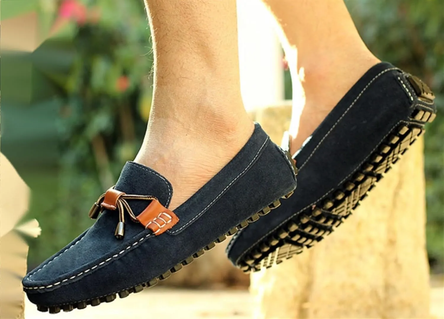 Men's Casual Hand-Sewn Suede Penny Loafers Slip-On Leather Shoes Comfortable Round Toe Lightweight Dress Shoes for Outdoor Walking Driving