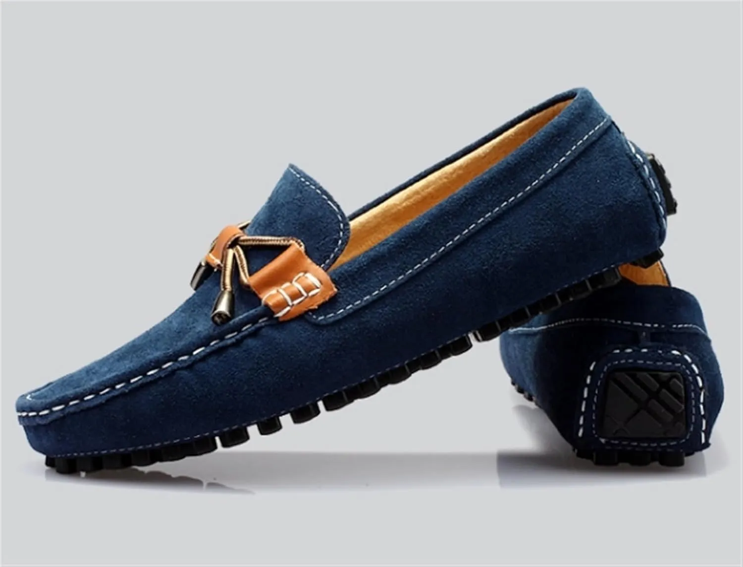 Men's Casual Hand-Sewn Suede Penny Loafers Slip-On Leather Shoes Comfortable Round Toe Lightweight Dress Shoes for Outdoor Walking Driving