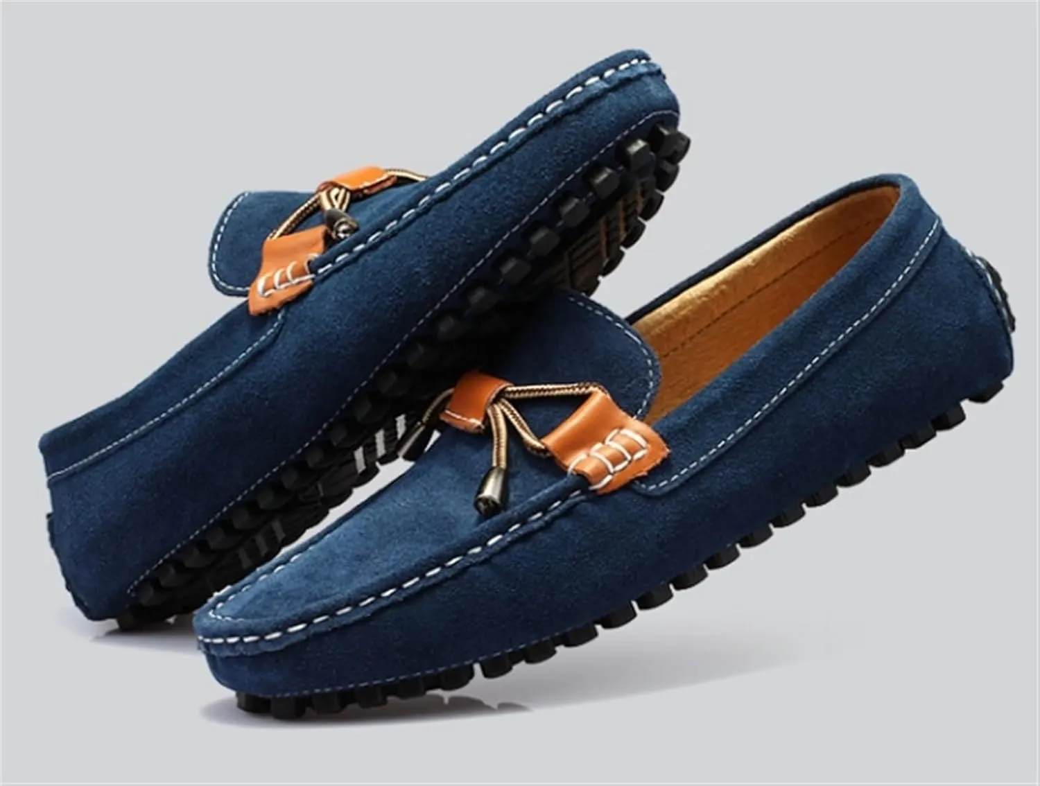 Men's Casual Hand-Sewn Suede Penny Loafers Slip-On Leather Shoes Comfortable Round Toe Lightweight Dress Shoes for Outdoor Walking Driving