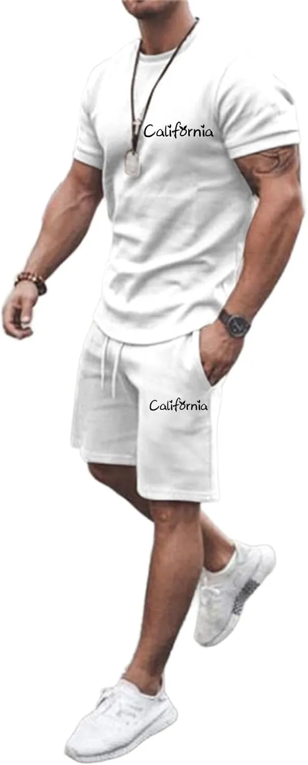 Mens City Letter Print Slim Sportswear Suits Breathable Comfortable Short Sleeved T Shirt And Sports Shorts