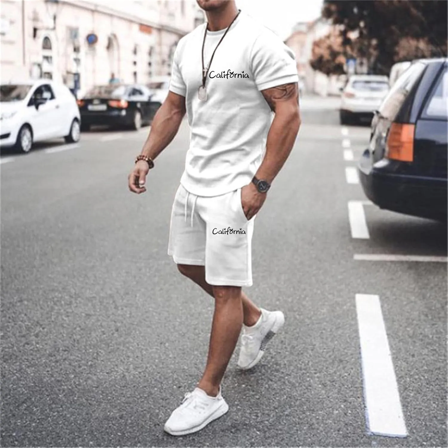 Mens City Letter Print Slim Sportswear Suits Breathable Comfortable Short Sleeved T Shirt And Sports Shorts
