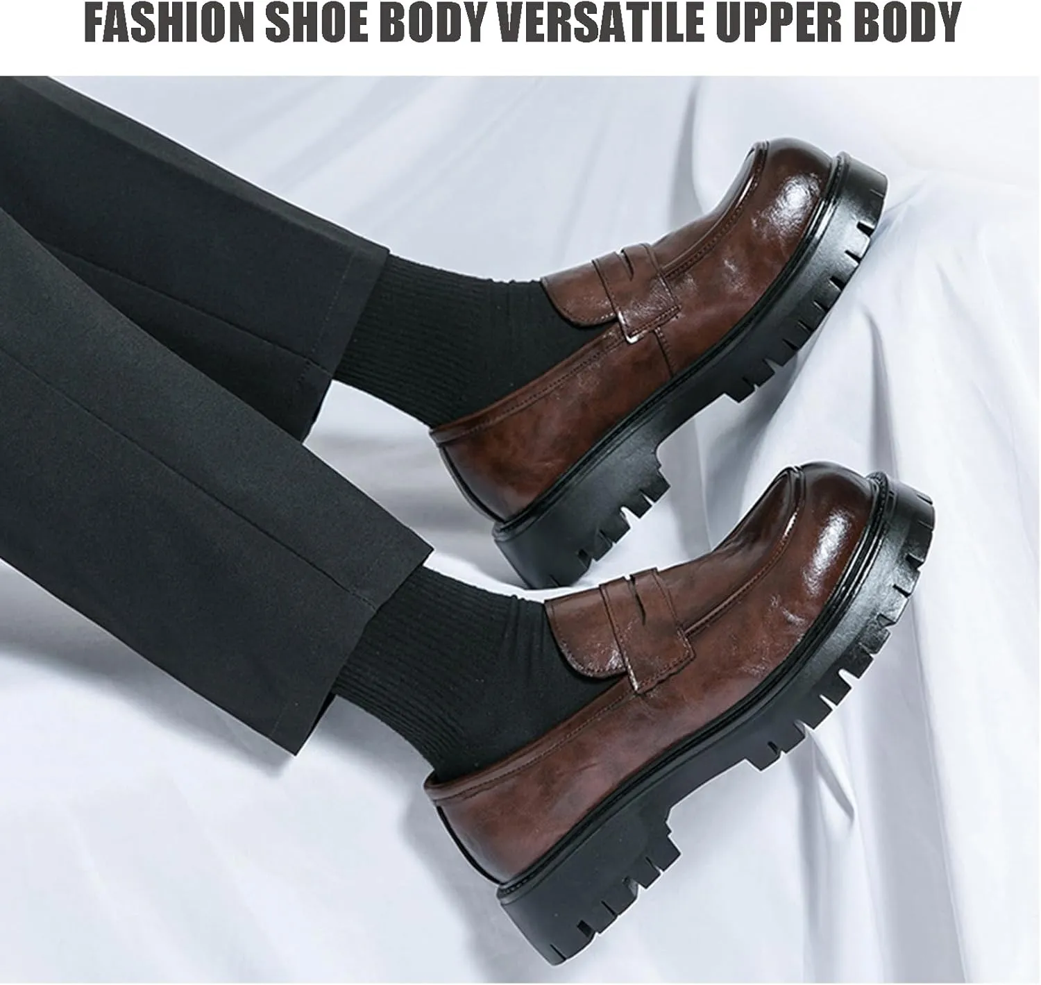 Men's Comfortable Soft Leather Platform Chunky Loafers Fashion Business Casual Formal Work Shoes Retro Round Toe Anti-Slip Lug Sole Slip-On Penny Loafers