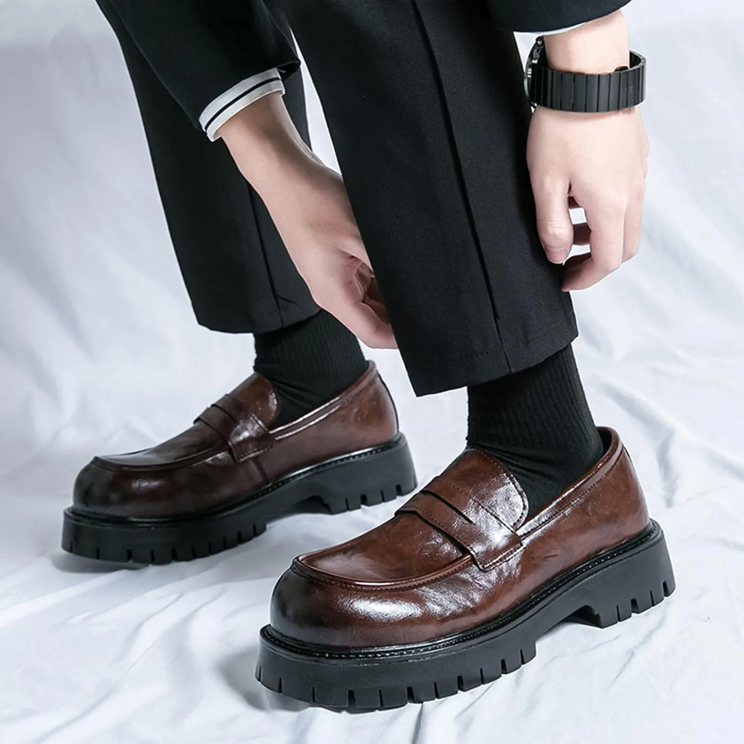Men's Comfortable Soft Leather Platform Chunky Loafers Fashion Business Casual Formal Work Shoes Retro Round Toe Anti-Slip Lug Sole Slip-On Penny Loafers