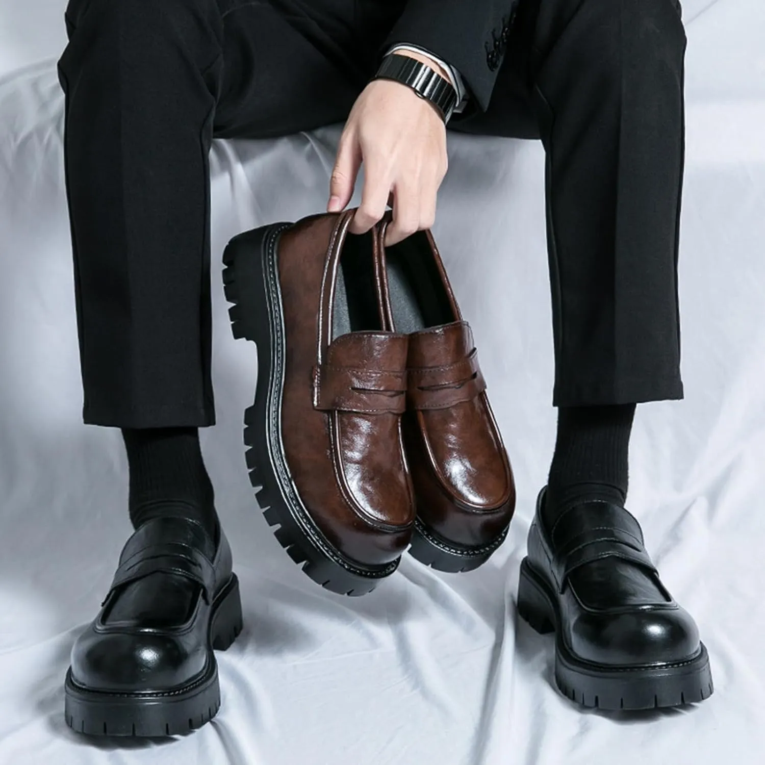 Men's Comfortable Soft Leather Platform Chunky Loafers Fashion Business Casual Formal Work Shoes Retro Round Toe Anti-Slip Lug Sole Slip-On Penny Loafers