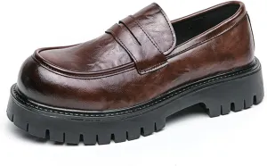 Men's Comfortable Soft Leather Platform Chunky Loafers Fashion Business Casual Formal Work Shoes Retro Round Toe Anti-Slip Lug Sole Slip-On Penny Loafers