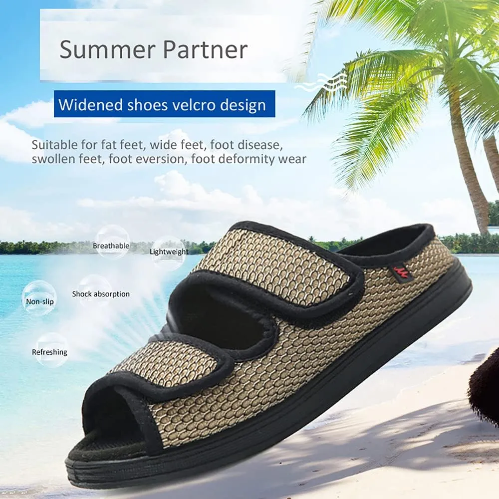 Men's Diabetic Open Toe Slippers, Extra Wide Width Adjustable Edema Shoes, Walking Slippers for Arthritis Swollen Feet Middle-Aged Elderly Men