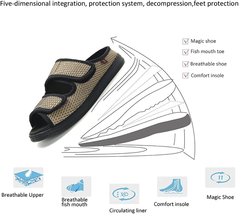 Men's Diabetic Open Toe Slippers, Extra Wide Width Adjustable Edema Shoes, Walking Slippers for Arthritis Swollen Feet Middle-Aged Elderly Men