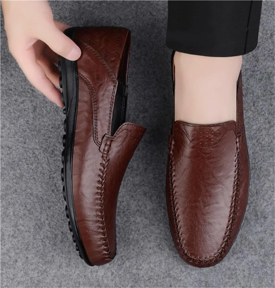 Mens Genuine Leather Loafers Slip On Round Toe Stitching Details Lightweight Flat Heel Comfortable Casual Fashion