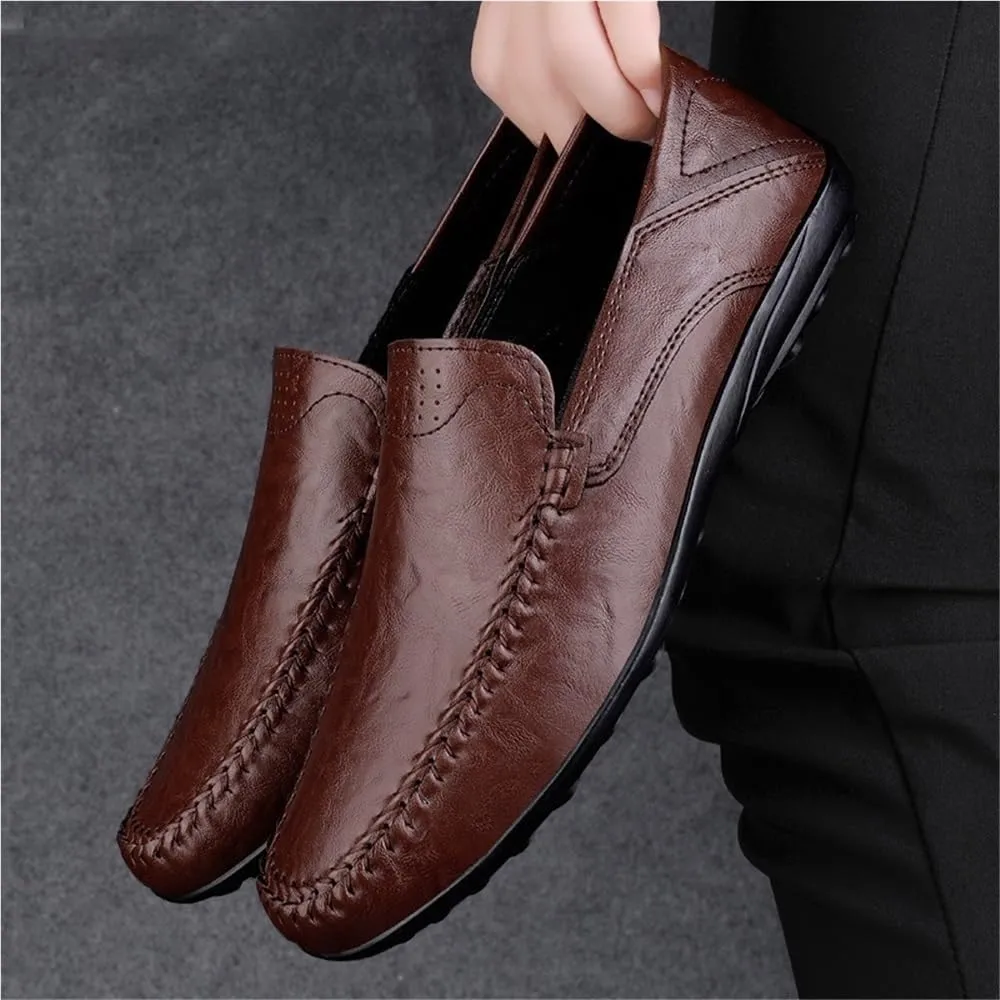 Mens Genuine Leather Loafers Slip On Round Toe Stitching Details Lightweight Flat Heel Comfortable Casual Fashion