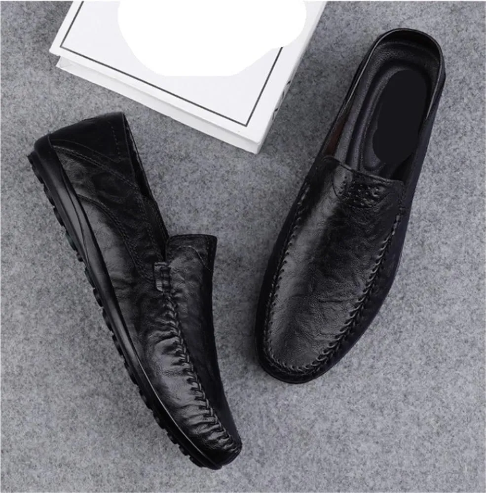 Mens Genuine Leather Loafers Slip On Round Toe Stitching Details Lightweight Flat Heel Comfortable Casual Fashion
