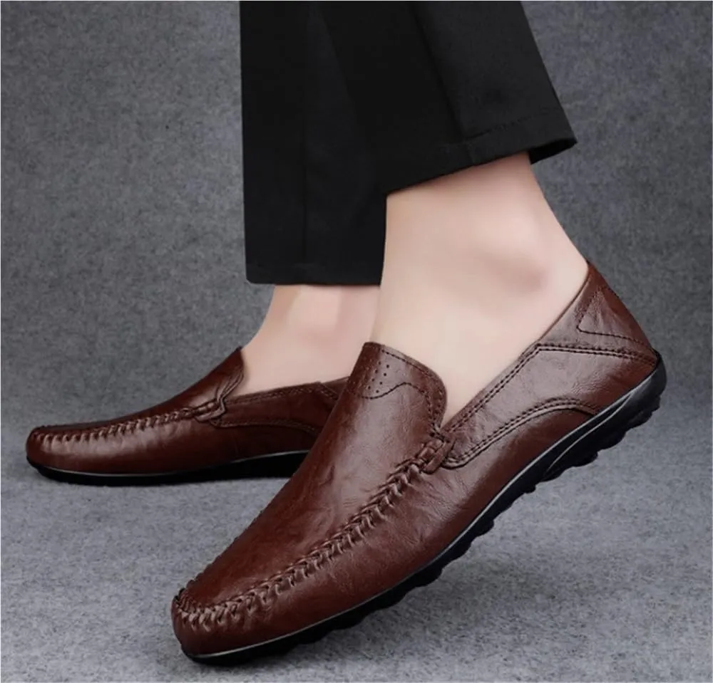 Mens Genuine Leather Loafers Slip On Round Toe Stitching Details Lightweight Flat Heel Comfortable Casual Fashion