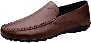 Mens Genuine Leather Loafers Slip On Round Toe Stitching Details Lightweight Flat Heel Comfortable Casual Fashion