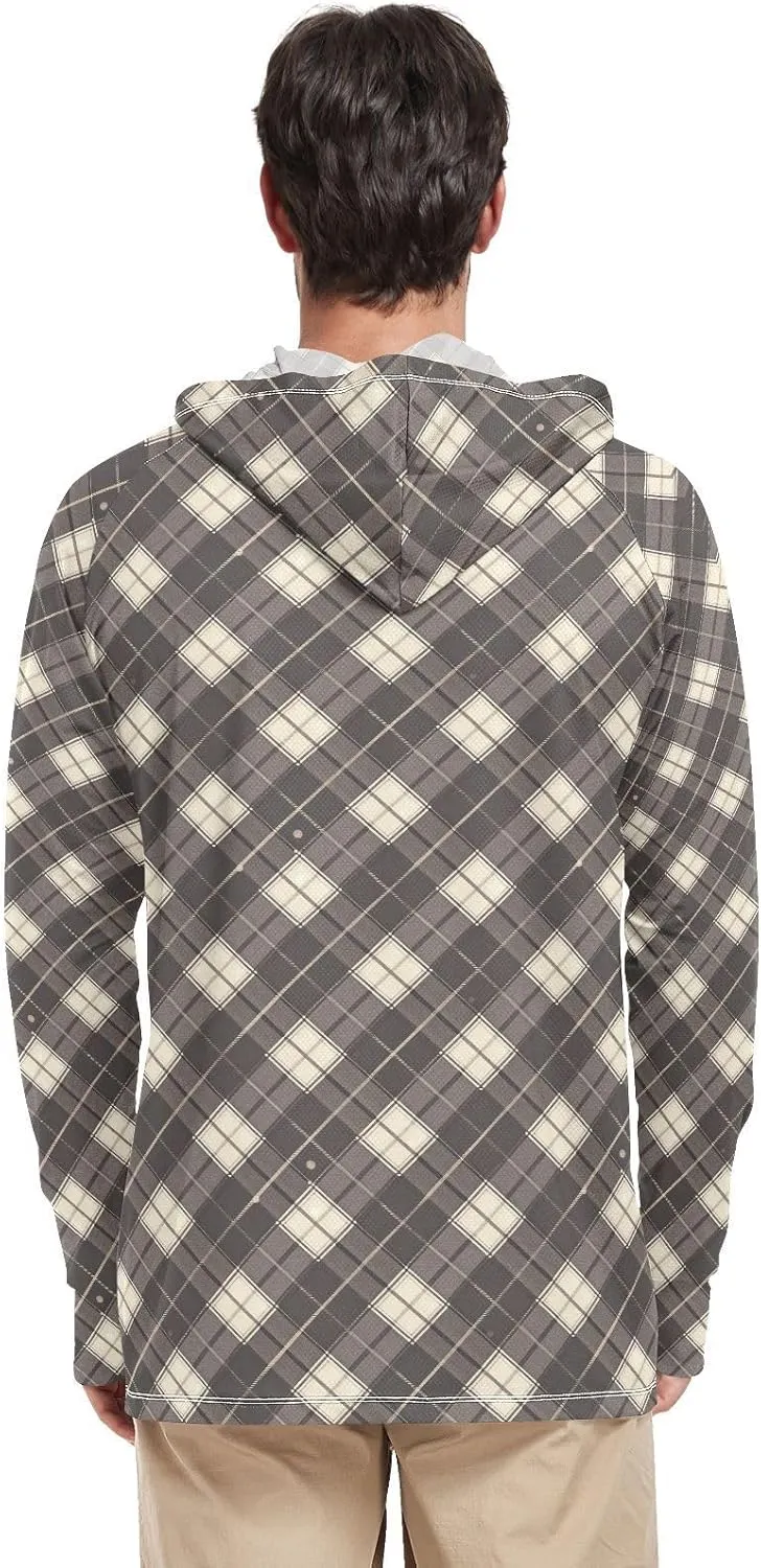 Mens Hoodie Sun Protection Long Sleeve Sun Shirt with Hood UPF 50  Fishing Shirt UV Hooded Rash Guard Gingham Gunmetal Gray