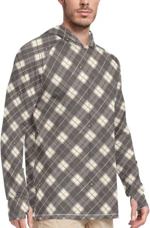 Mens Hoodie Sun Protection Long Sleeve Sun Shirt with Hood UPF 50  Fishing Shirt UV Hooded Rash Guard Gingham Gunmetal Gray