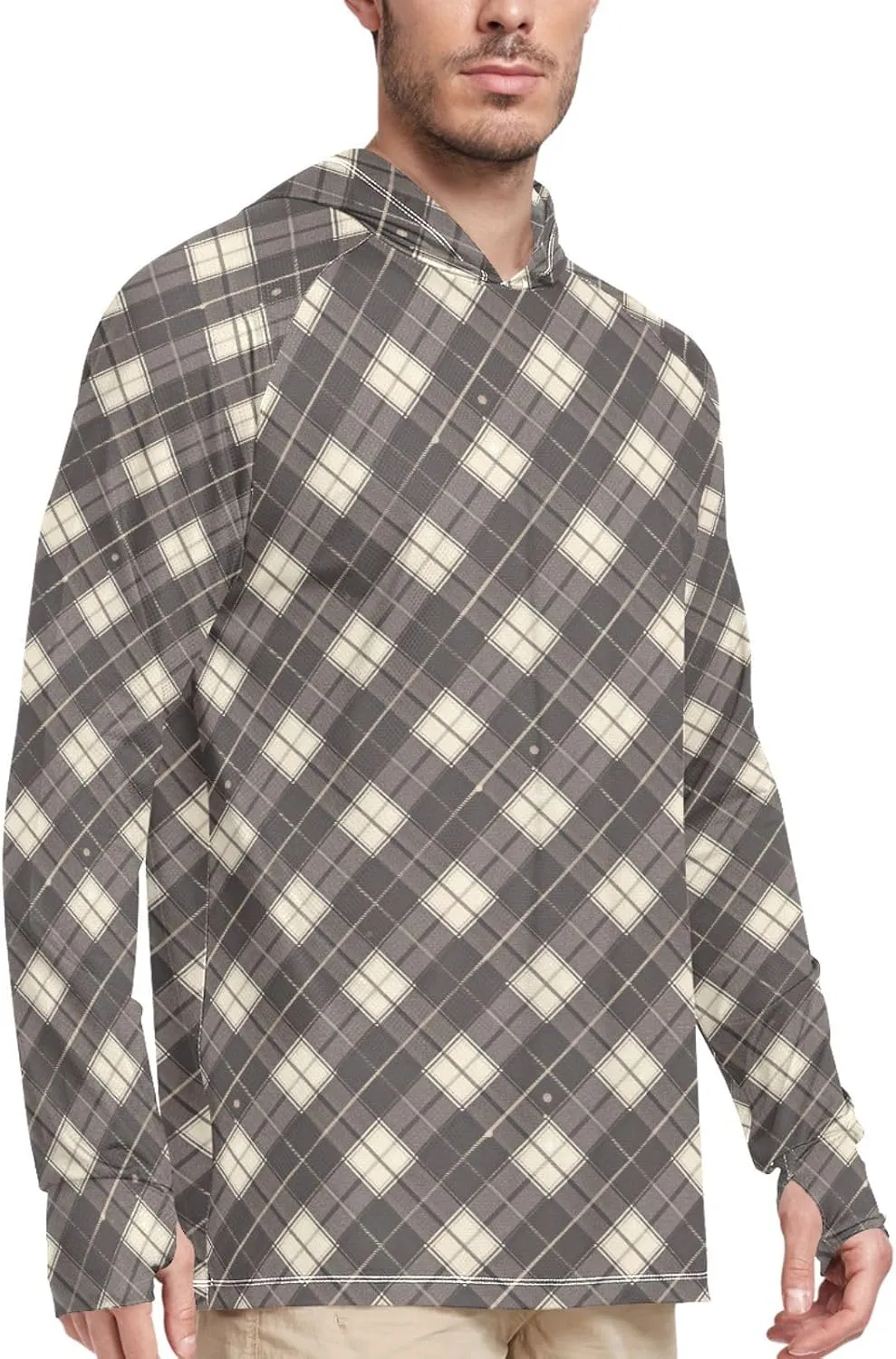 Mens Hoodie Sun Protection Long Sleeve Sun Shirt with Hood UPF 50  Fishing Shirt UV Hooded Rash Guard Gingham Gunmetal Gray