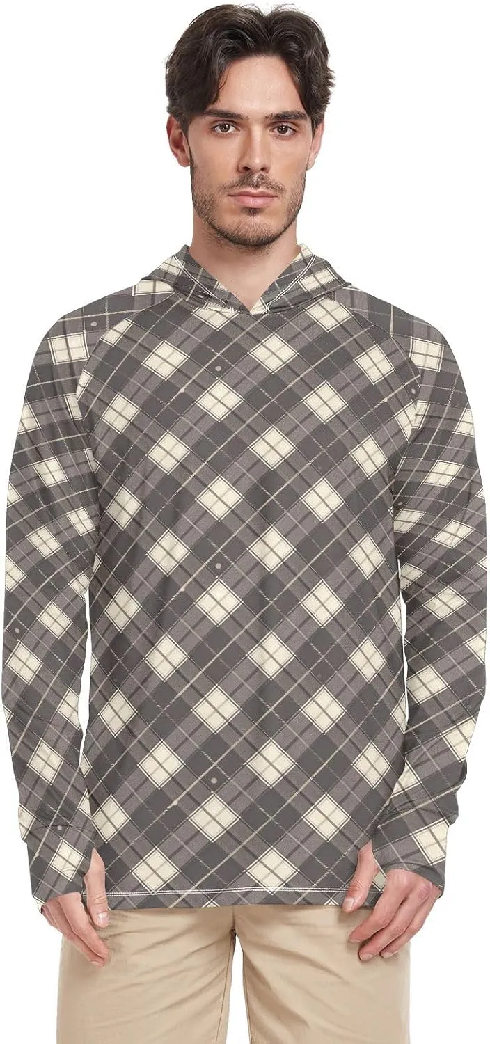 Mens Hoodie Sun Protection Long Sleeve Sun Shirt with Hood UPF 50  Fishing Shirt UV Hooded Rash Guard Gingham Gunmetal Gray