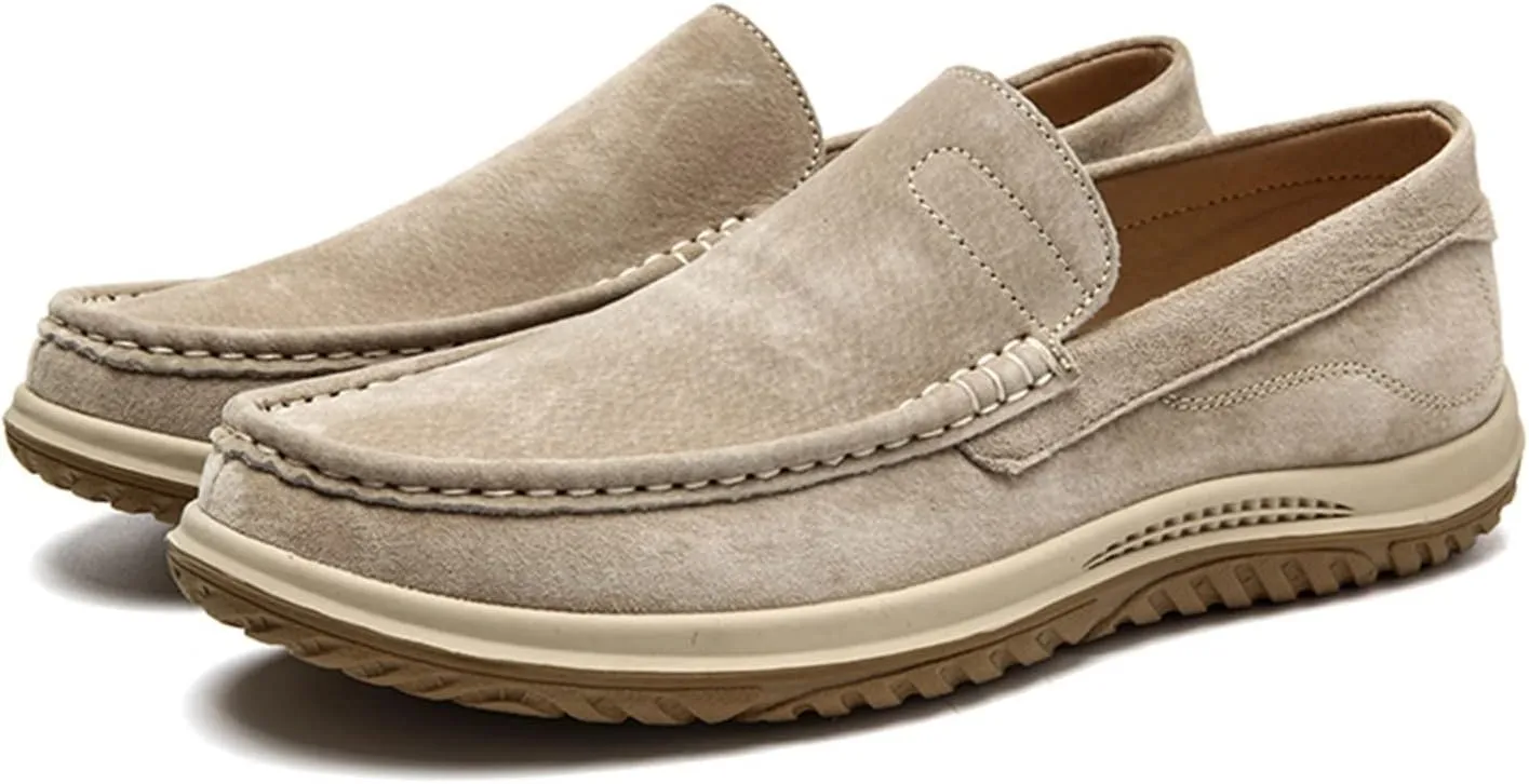 Men's Loafers Genuine Leather Stitching Details Round Toe Suede Vamp Anti-Slip Flexible Flat Heel Classic Party Slip-ons
