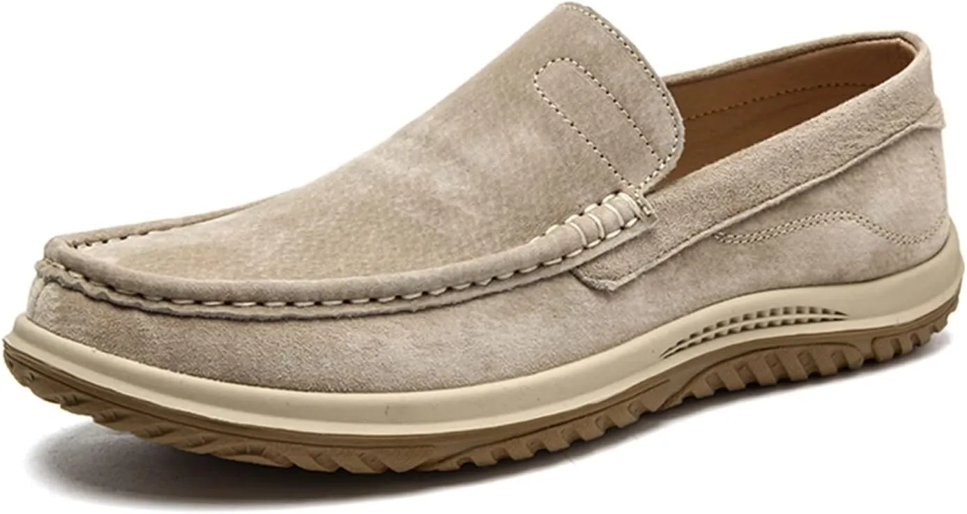 Men's Loafers Genuine Leather Stitching Details Round Toe Suede Vamp Anti-Slip Flexible Flat Heel Classic Party Slip-ons