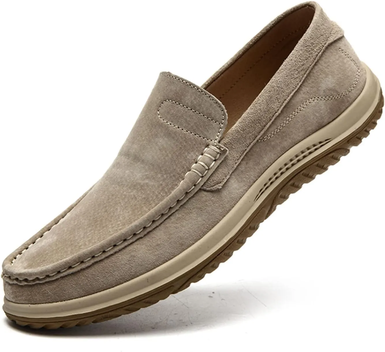 Men's Loafers Genuine Leather Stitching Details Round Toe Suede Vamp Anti-Slip Flexible Flat Heel Classic Party Slip-ons