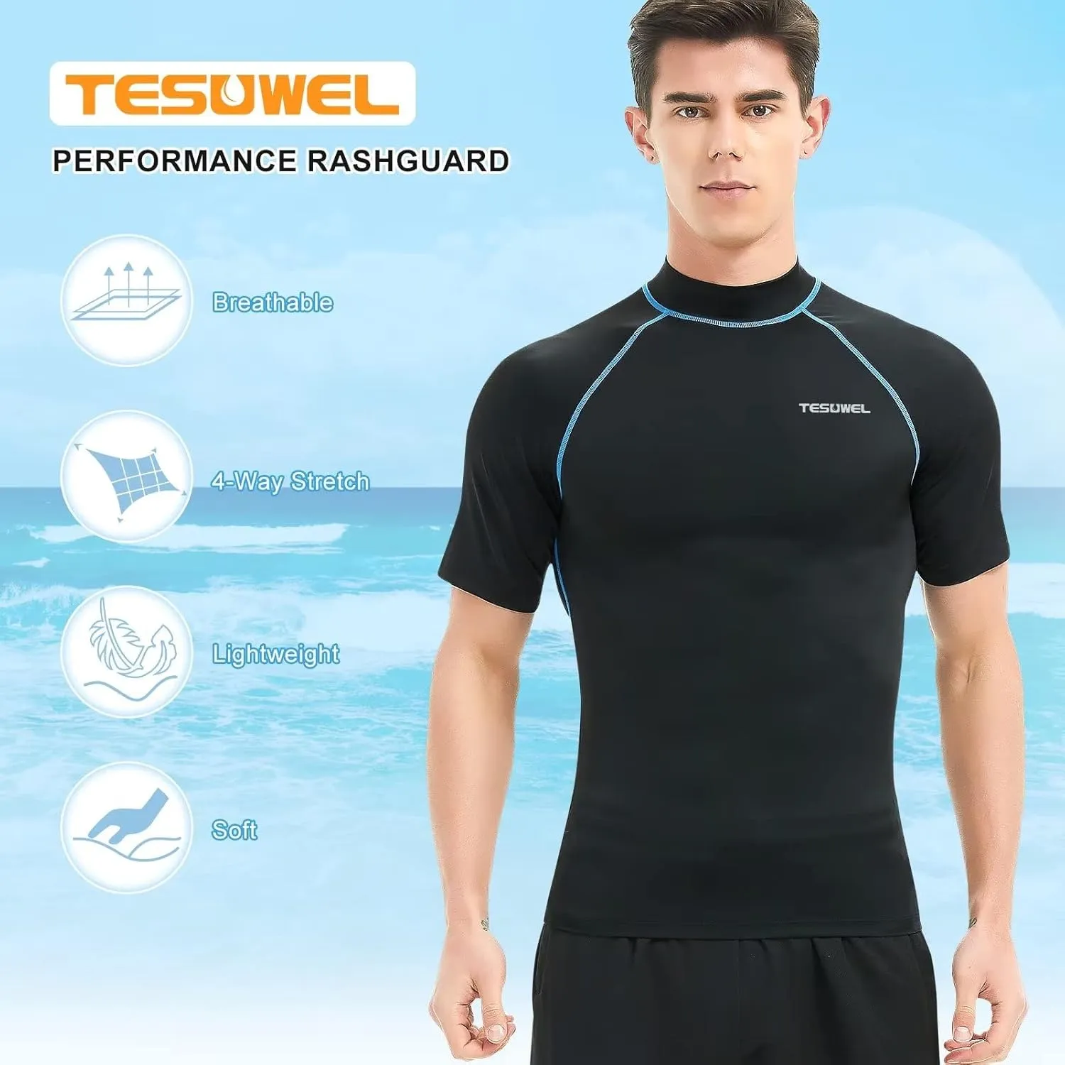 Mens Rash Guard Long Sleeve Swim Shirts for Men UPF 50  UV Protection Compression Short Sleeve Water Shirts Quick Dry