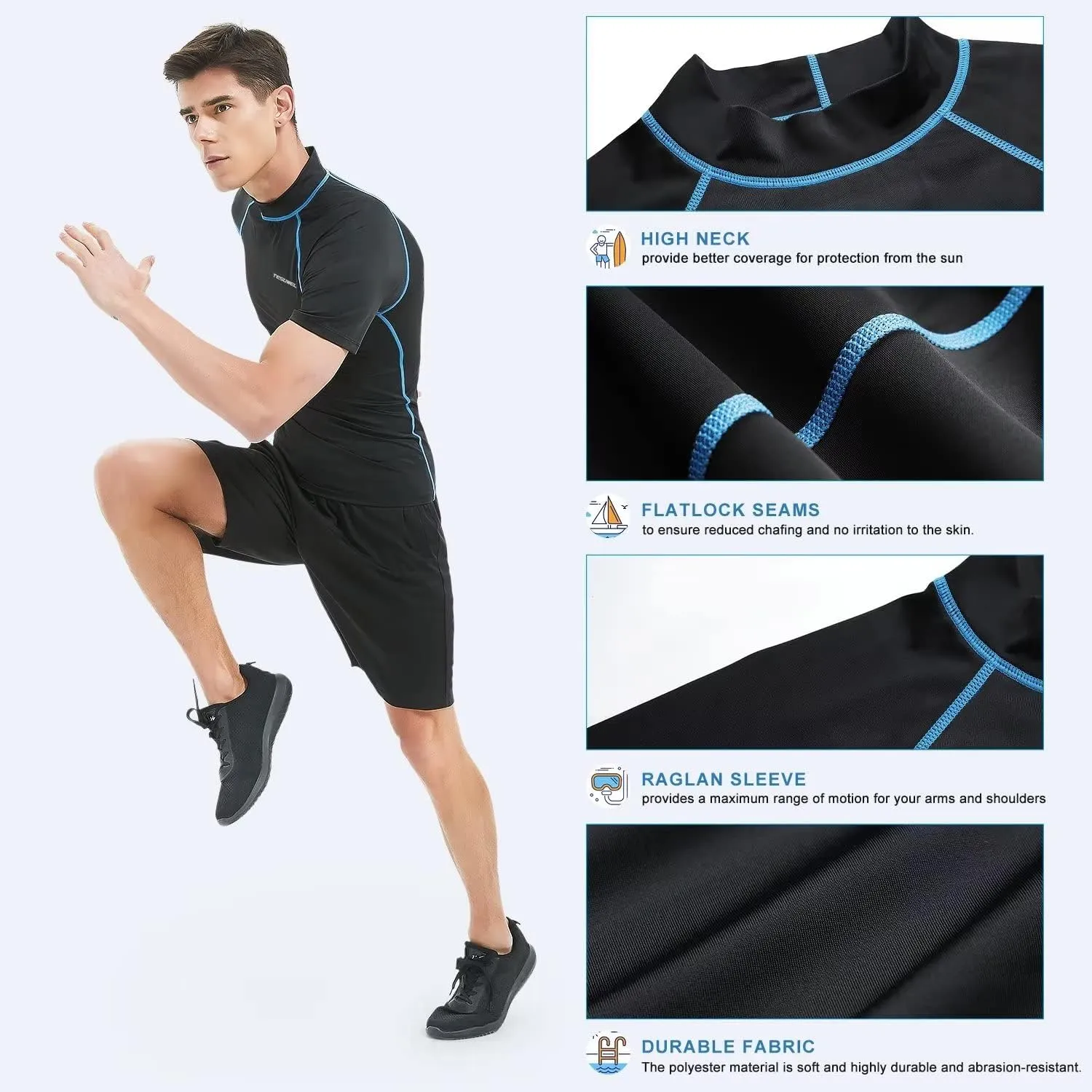 Mens Rash Guard Long Sleeve Swim Shirts for Men UPF 50  UV Protection Compression Short Sleeve Water Shirts Quick Dry