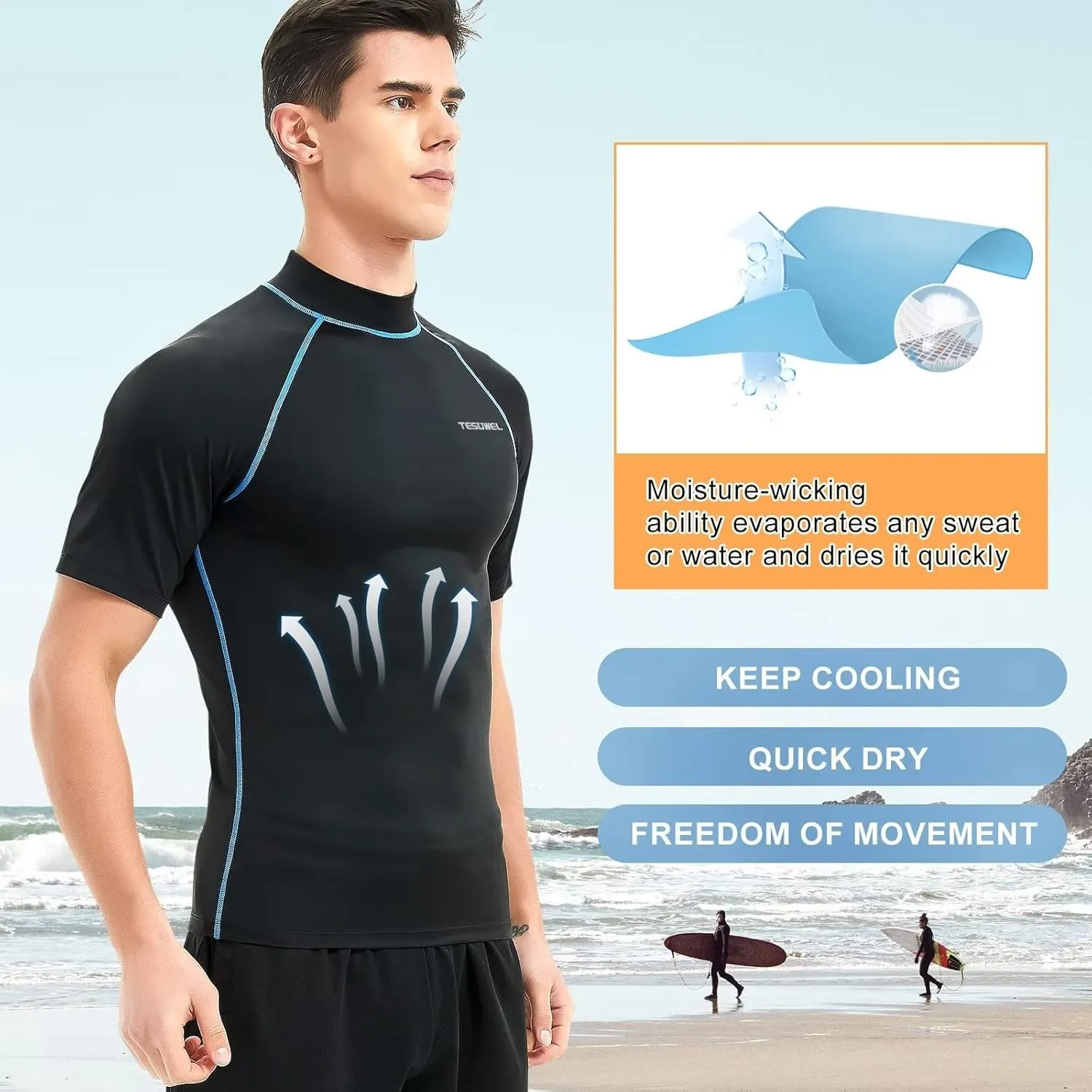 Mens Rash Guard Long Sleeve Swim Shirts for Men UPF 50  UV Protection Compression Short Sleeve Water Shirts Quick Dry