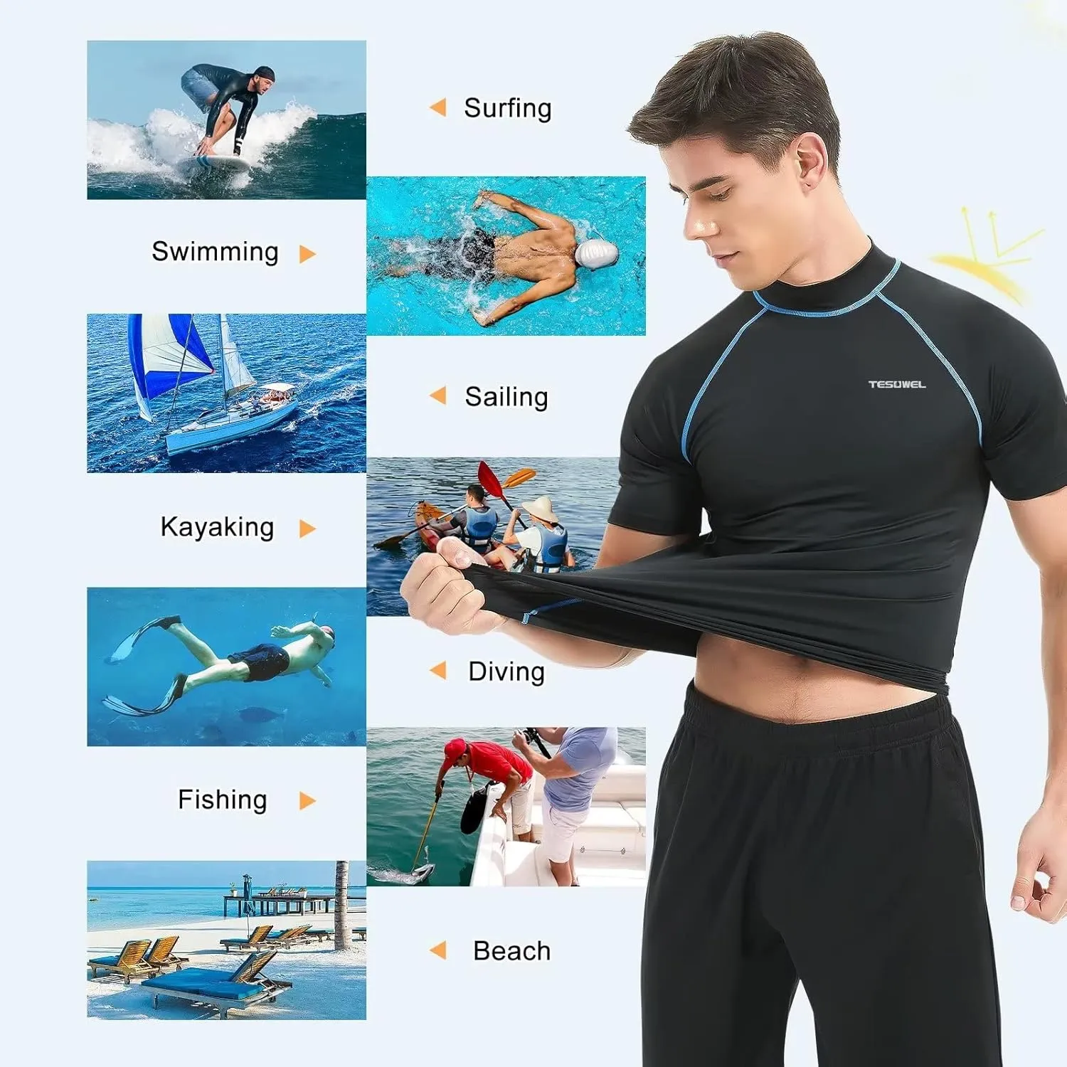 Mens Rash Guard Long Sleeve Swim Shirts for Men UPF 50  UV Protection Compression Short Sleeve Water Shirts Quick Dry