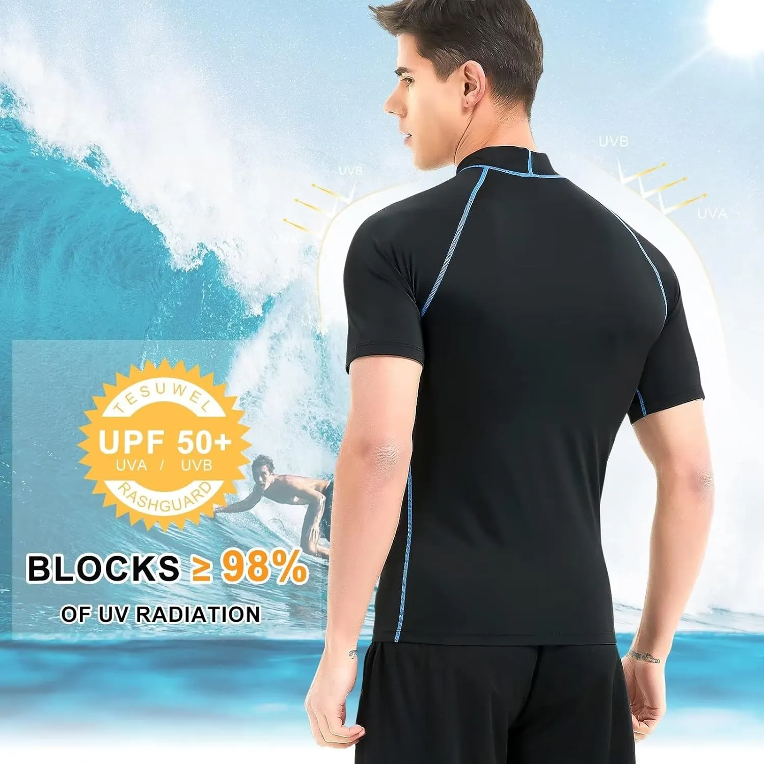 Mens Rash Guard Long Sleeve Swim Shirts for Men UPF 50  UV Protection Compression Short Sleeve Water Shirts Quick Dry