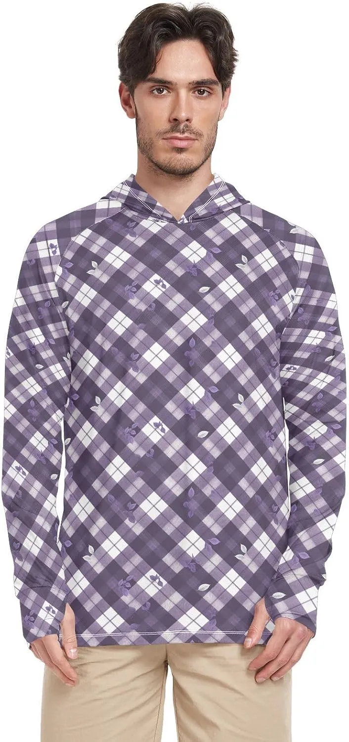 Men's Sun Protection Hoodie Long Sleeve Fishing Shirt UPF 50  Fishing Shirts for Men Men UV Rash Guards Plaid Deep Purple