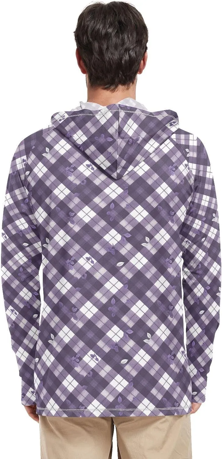 Men's Sun Protection Hoodie Long Sleeve Fishing Shirt UPF 50  Fishing Shirts for Men Men UV Rash Guards Plaid Deep Purple