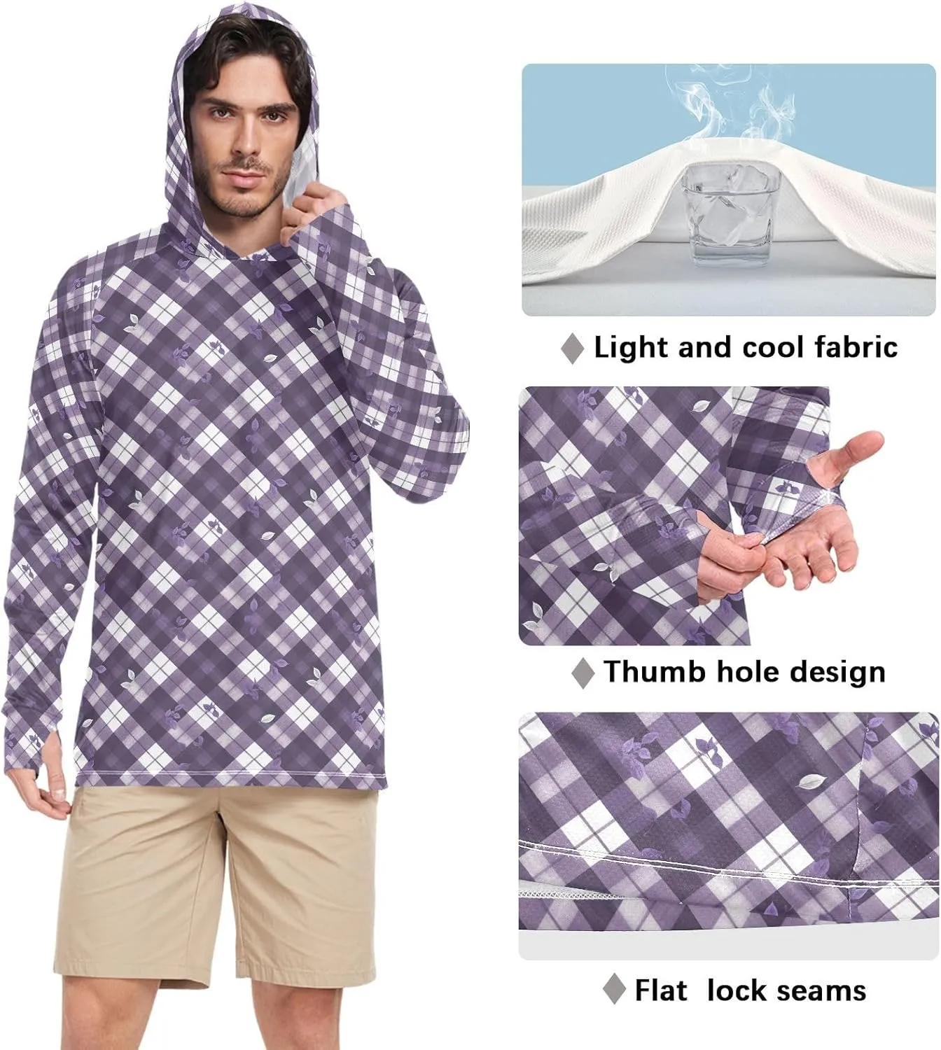 Men's Sun Protection Hoodie Long Sleeve Fishing Shirt UPF 50  Fishing Shirts for Men Men UV Rash Guards Plaid Deep Purple