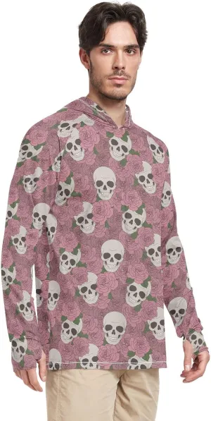 Men's Sun Shirt Hoodie Long Sleeve Skull and Rose Sun Shirt with Hood UPF 50  Sunproof Shirts UV Hooded Rash Guard