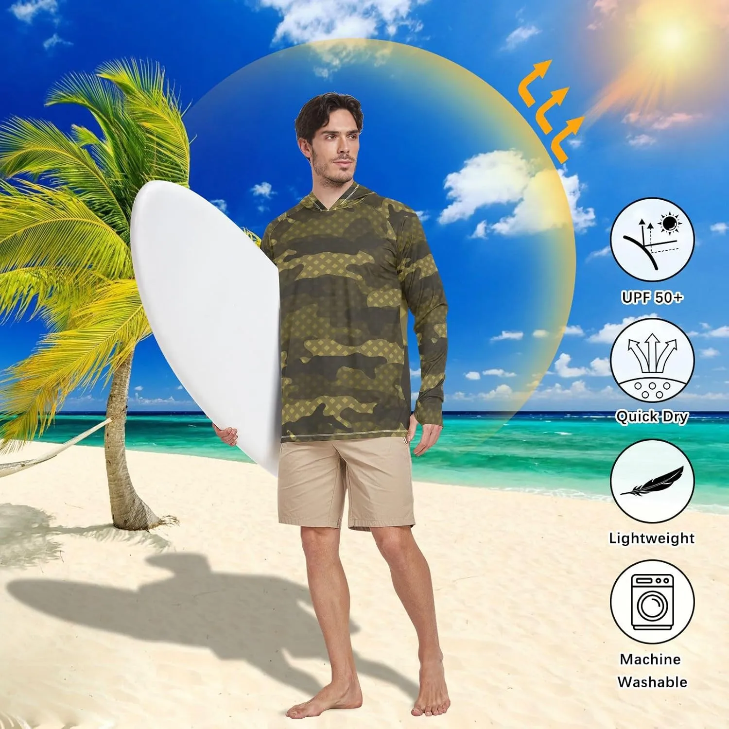 Mens Sun Shirts Protection Long Sleeve Camouflage UPF 50   Mens Sun Shirts Hooded Fishing Shirts UV Rash Guard