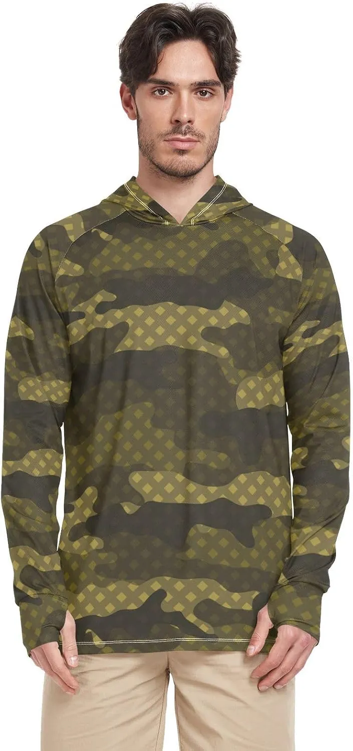 Mens Sun Shirts Protection Long Sleeve Camouflage UPF 50   Mens Sun Shirts Hooded Fishing Shirts UV Rash Guard