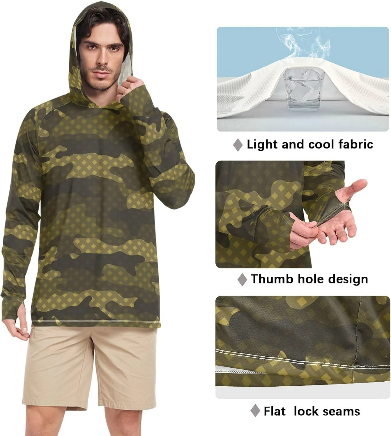 Mens Sun Shirts Protection Long Sleeve Camouflage UPF 50   Mens Sun Shirts Hooded Fishing Shirts UV Rash Guard