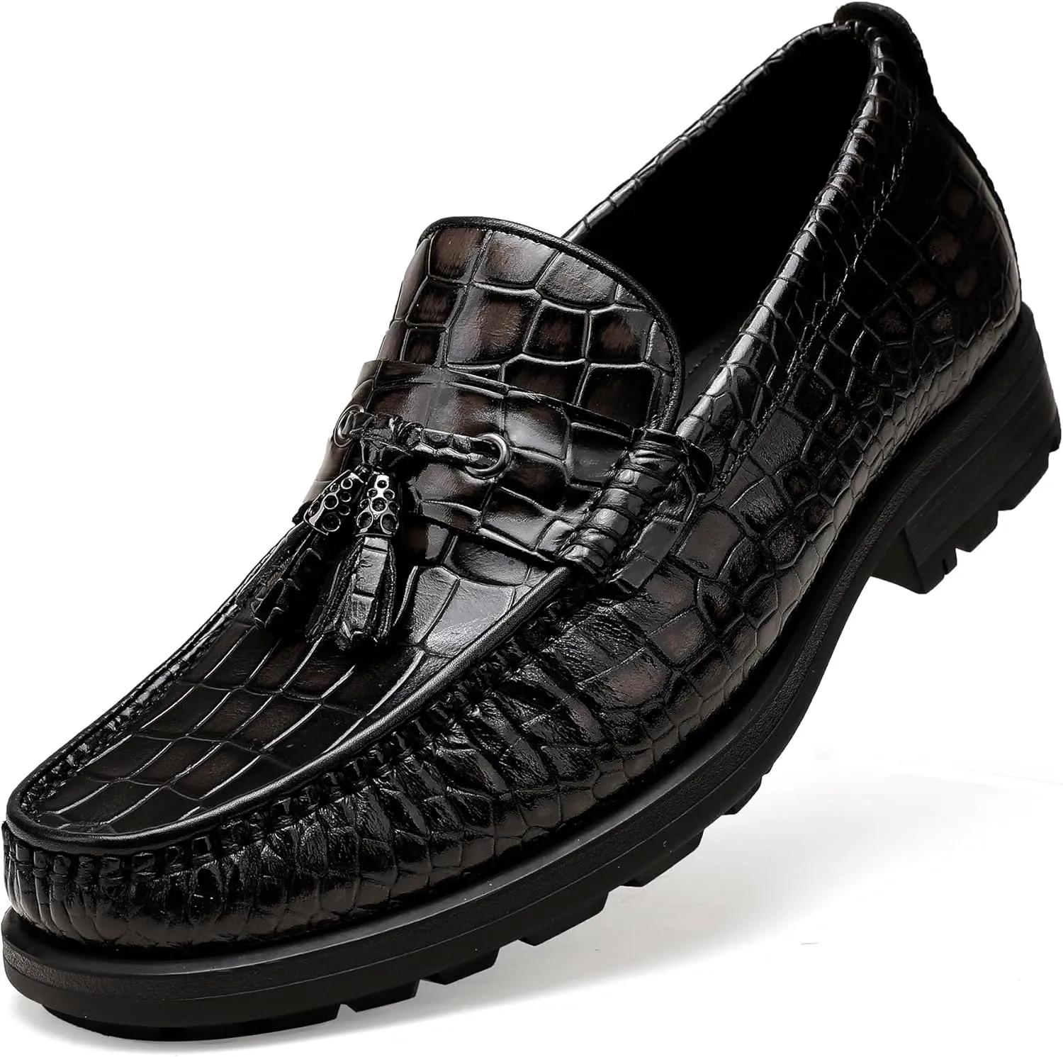 Men's Tassel Dress Shoes, Casual Crocodile Printed Tassel Loafer Handmade Slip-on Penny Loafer for Mens