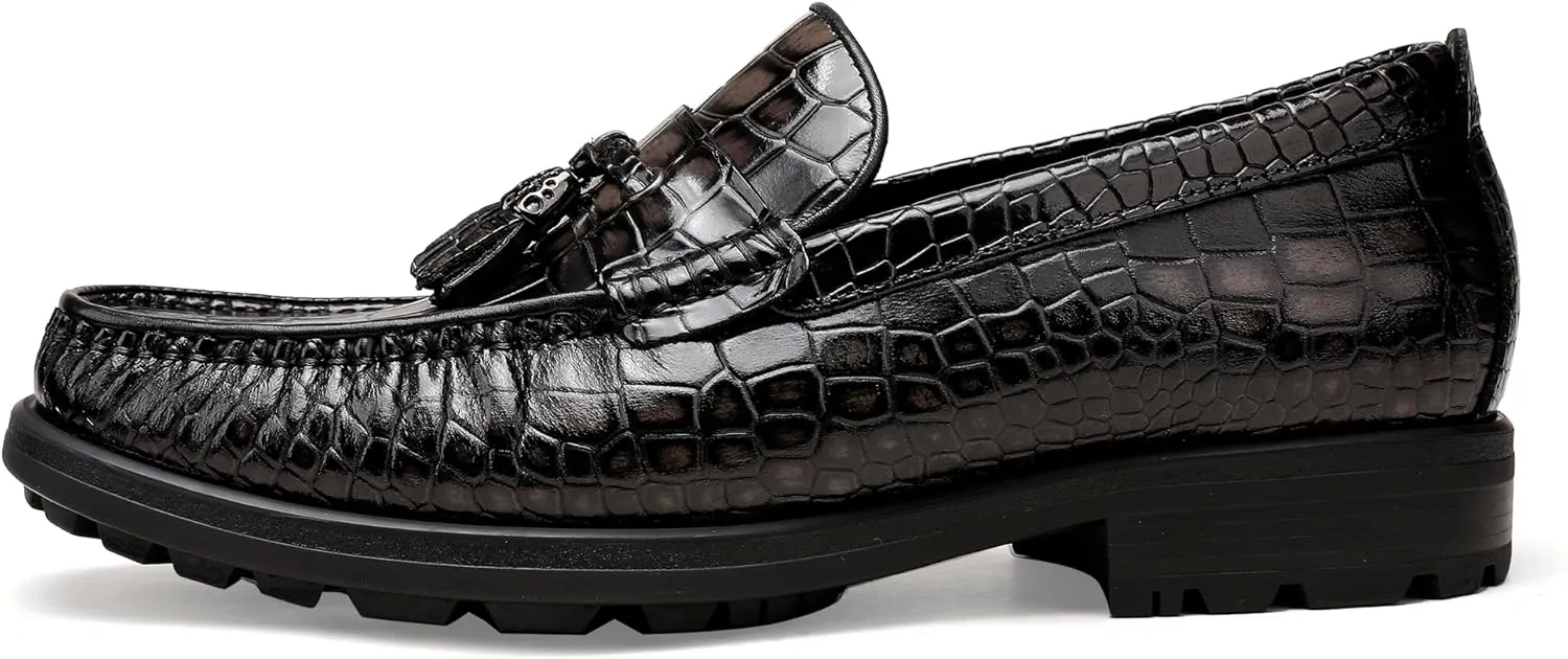 Men's Tassel Dress Shoes, Casual Crocodile Printed Tassel Loafer Handmade Slip-on Penny Loafer for Mens