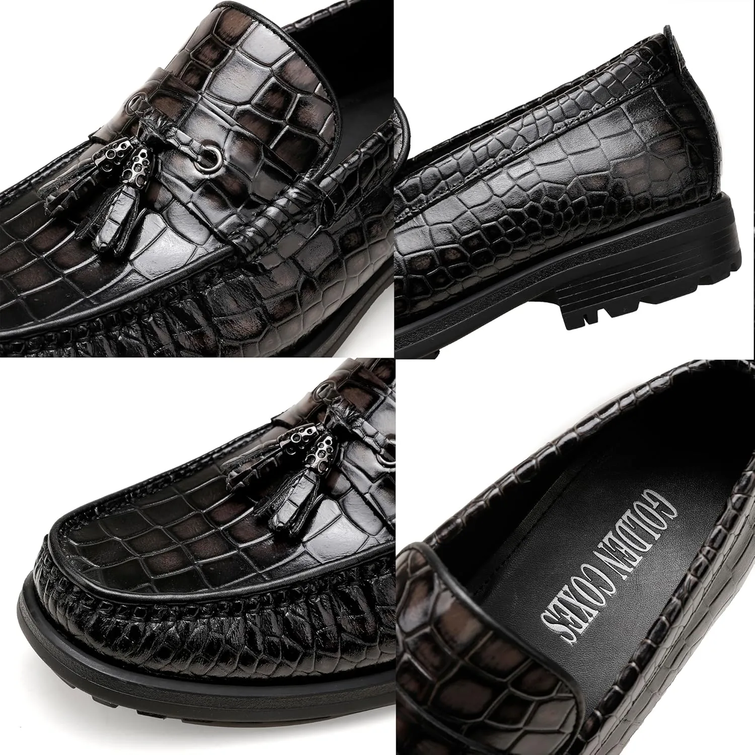Men's Tassel Dress Shoes, Casual Crocodile Printed Tassel Loafer Handmade Slip-on Penny Loafer for Mens