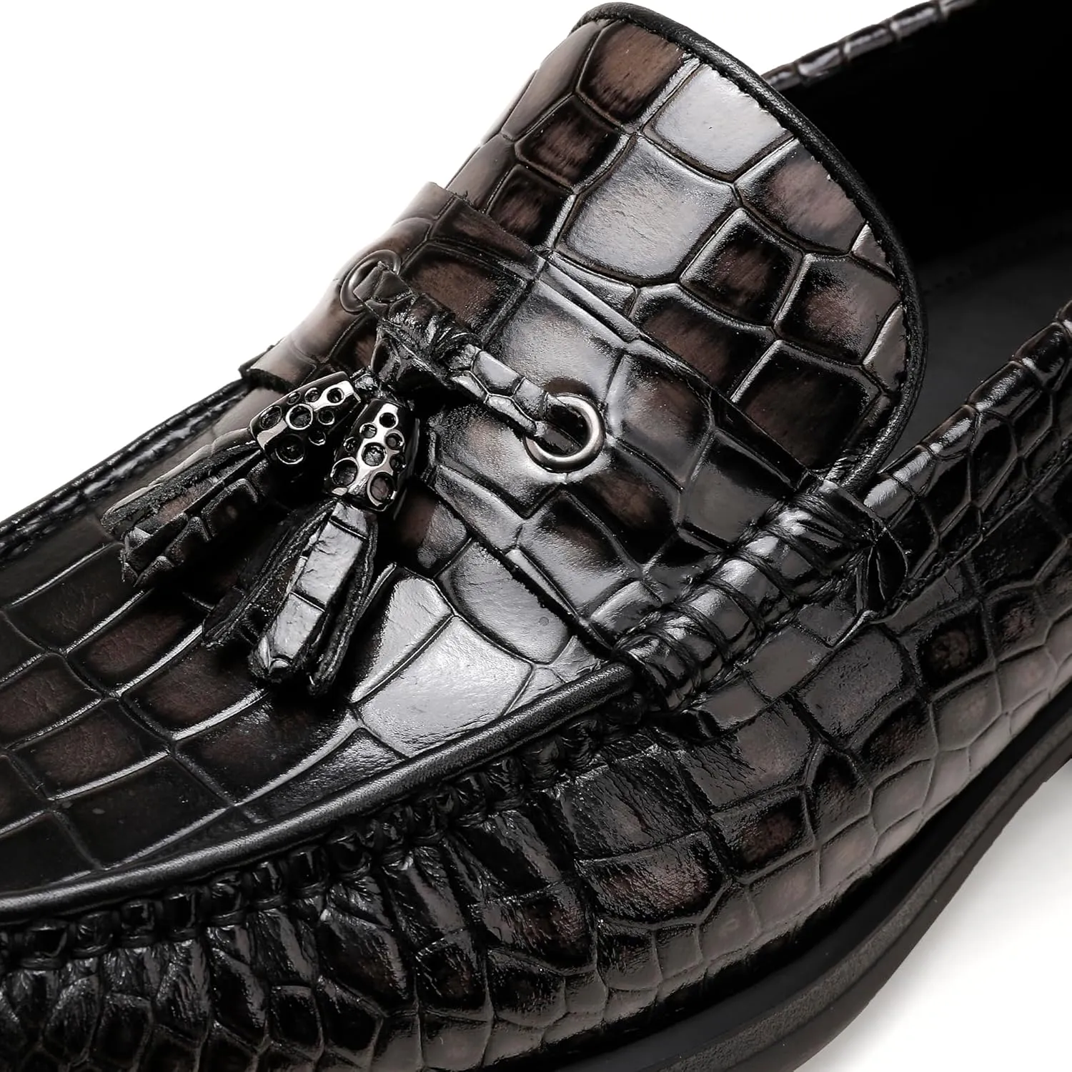Men's Tassel Dress Shoes, Casual Crocodile Printed Tassel Loafer Handmade Slip-on Penny Loafer for Mens