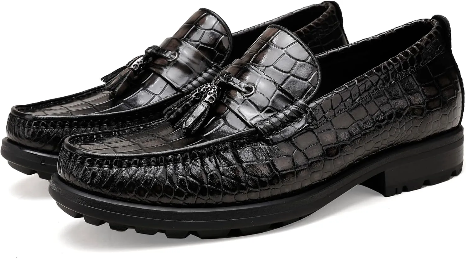 Men's Tassel Dress Shoes, Casual Crocodile Printed Tassel Loafer Handmade Slip-on Penny Loafer for Mens
