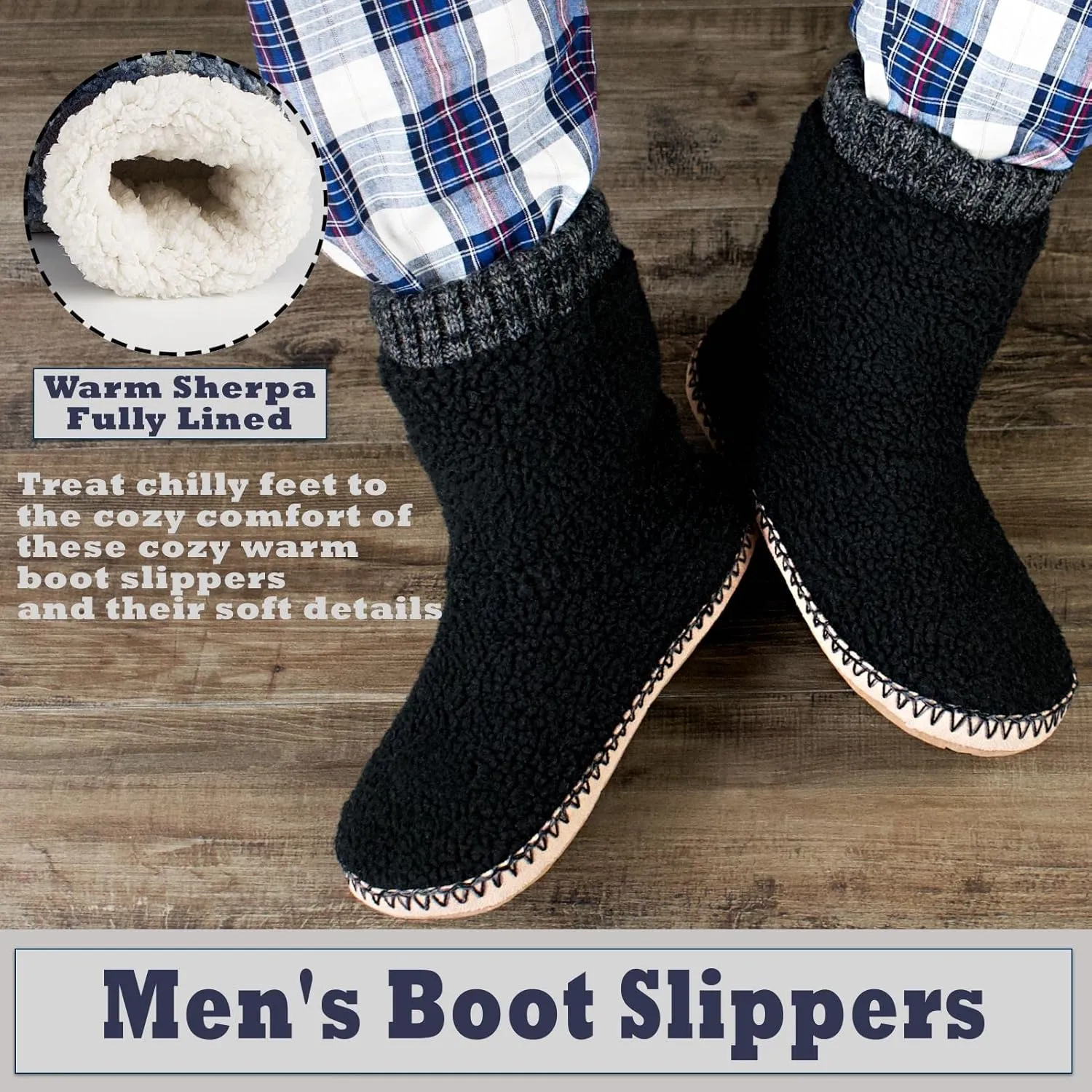 Men's Warm Up House Boots, Thick Fuzzy Sherpa Fleece Winter Moccasin Socks Non-slip Soles, Cozy Soft Comfy Indoor Shoes Rubber Grippers