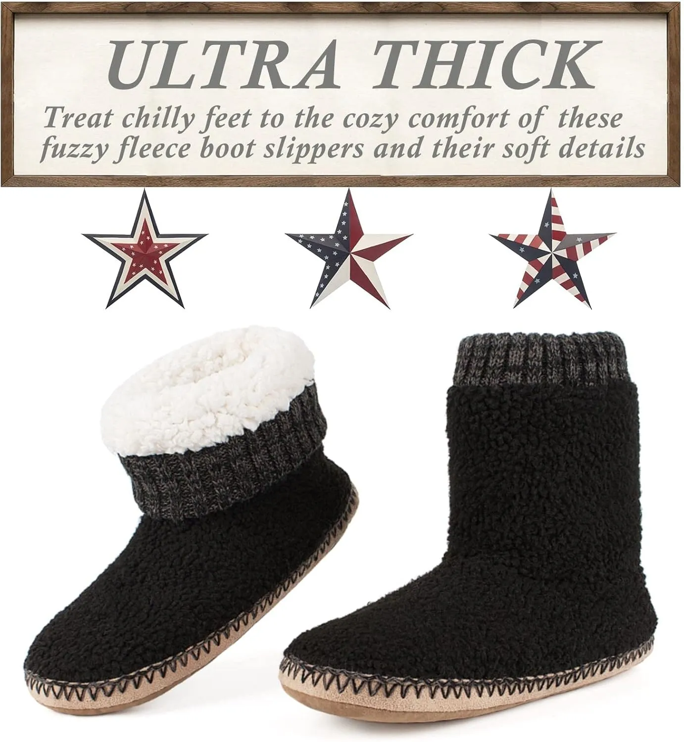Men's Warm Up House Boots, Thick Fuzzy Sherpa Fleece Winter Moccasin Socks Non-slip Soles, Cozy Soft Comfy Indoor Shoes Rubber Grippers
