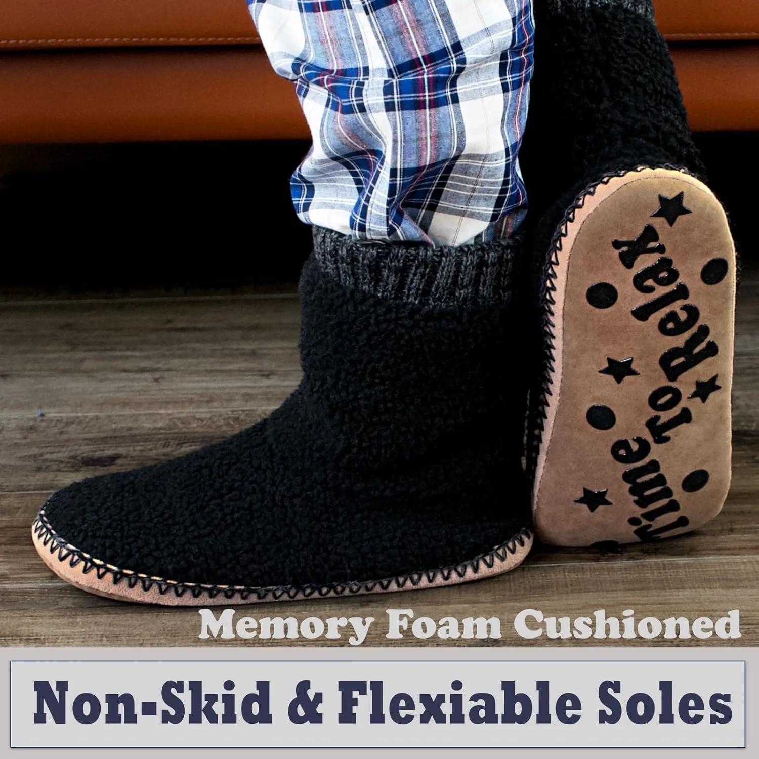 Men's Warm Up House Boots, Thick Fuzzy Sherpa Fleece Winter Moccasin Socks Non-slip Soles, Cozy Soft Comfy Indoor Shoes Rubber Grippers