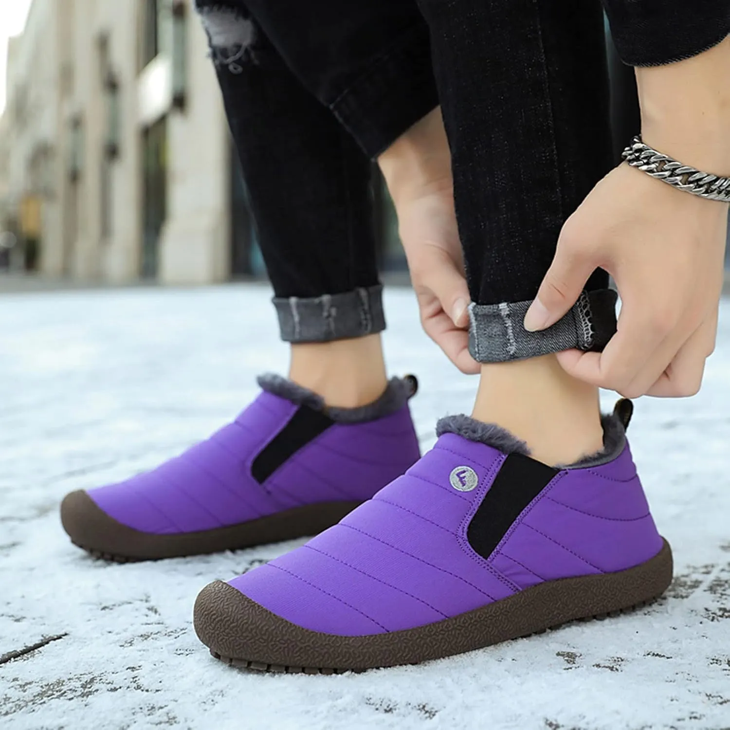 Men's Womens Waterproof Warm Plush Lined Outdoor Snow Ankle Boots Anti Slip Slip On Lightweight Winter Loafers Shoes