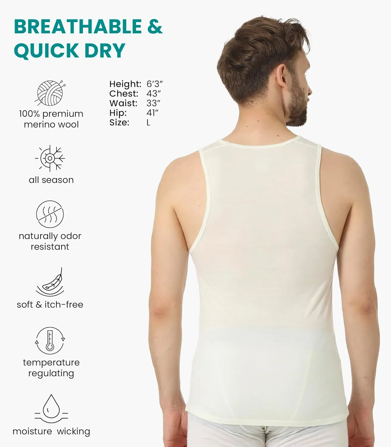 Merino Wool Tank Top Men - Active Merino Wool Undershirt Moisture Wicking Breathable Anti-Odor Lightweight Base Layer