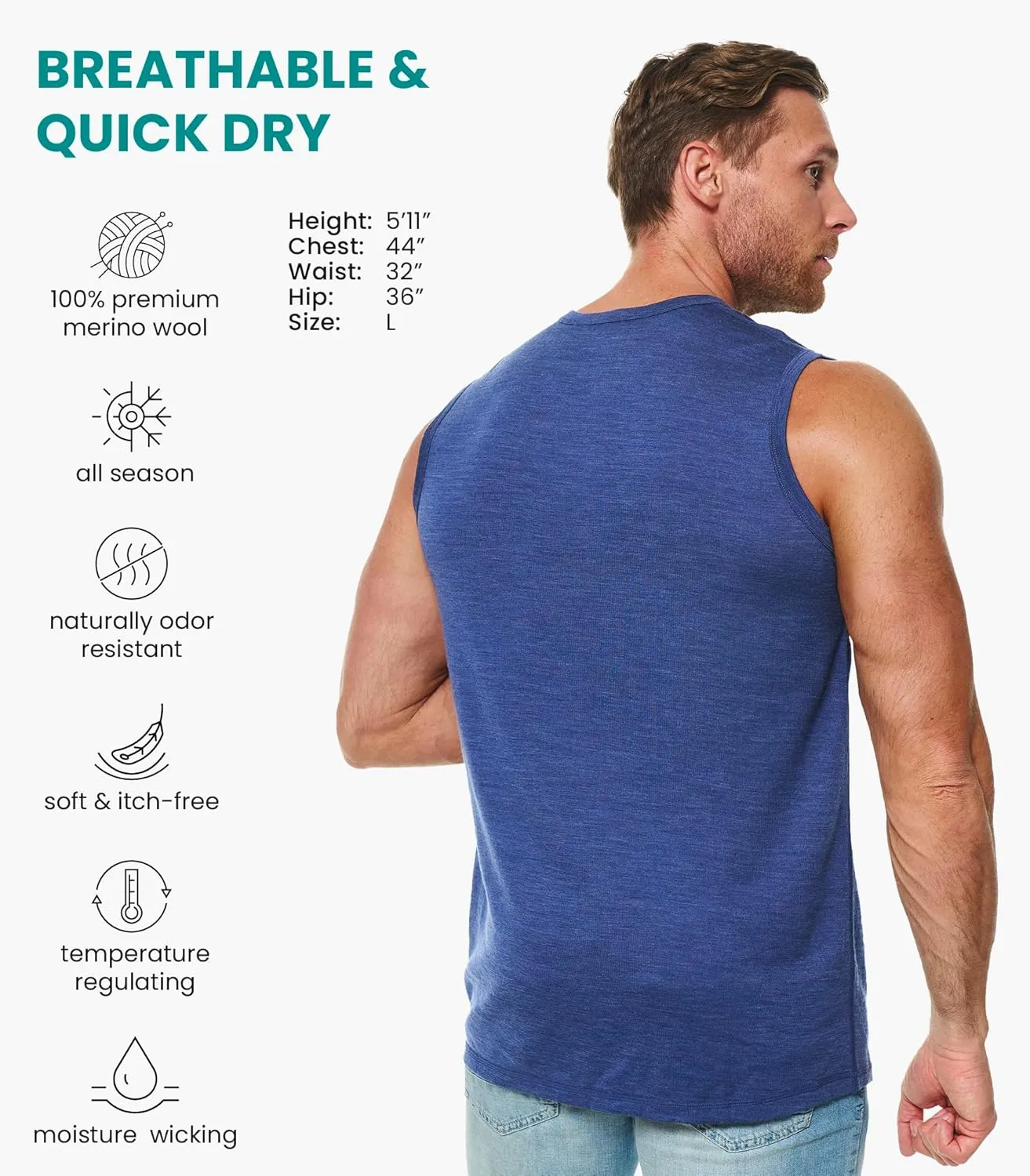 Merino Wool Tank Top Men - Active Merino Wool Undershirt Moisture Wicking Breathable Anti-Odor Lightweight Base Layer